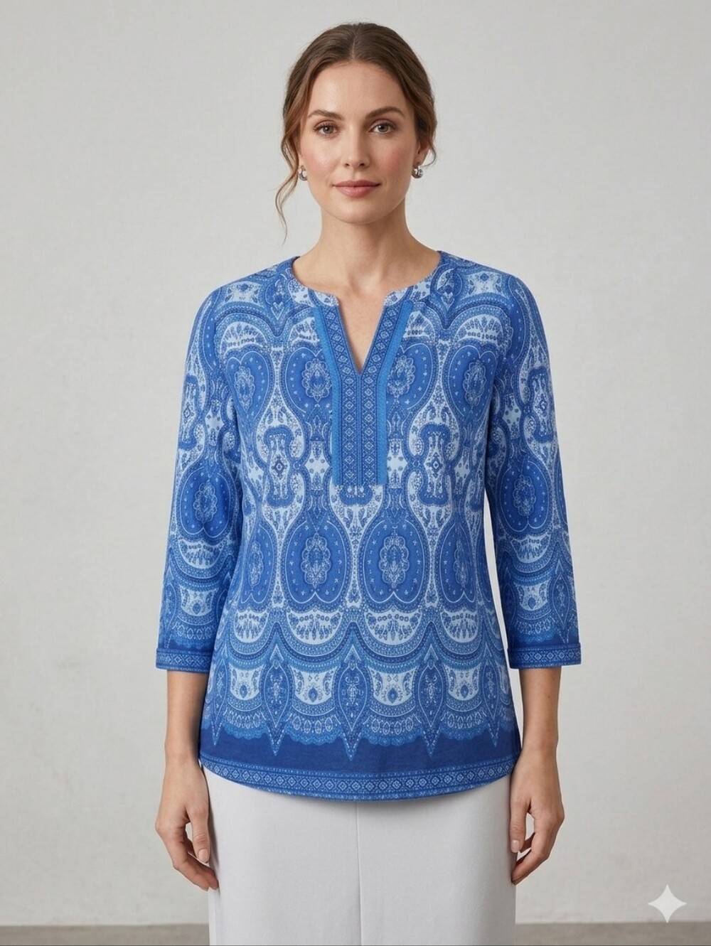 Talbots Blue Paisley Print V-Split Neckline Women's Tunic
